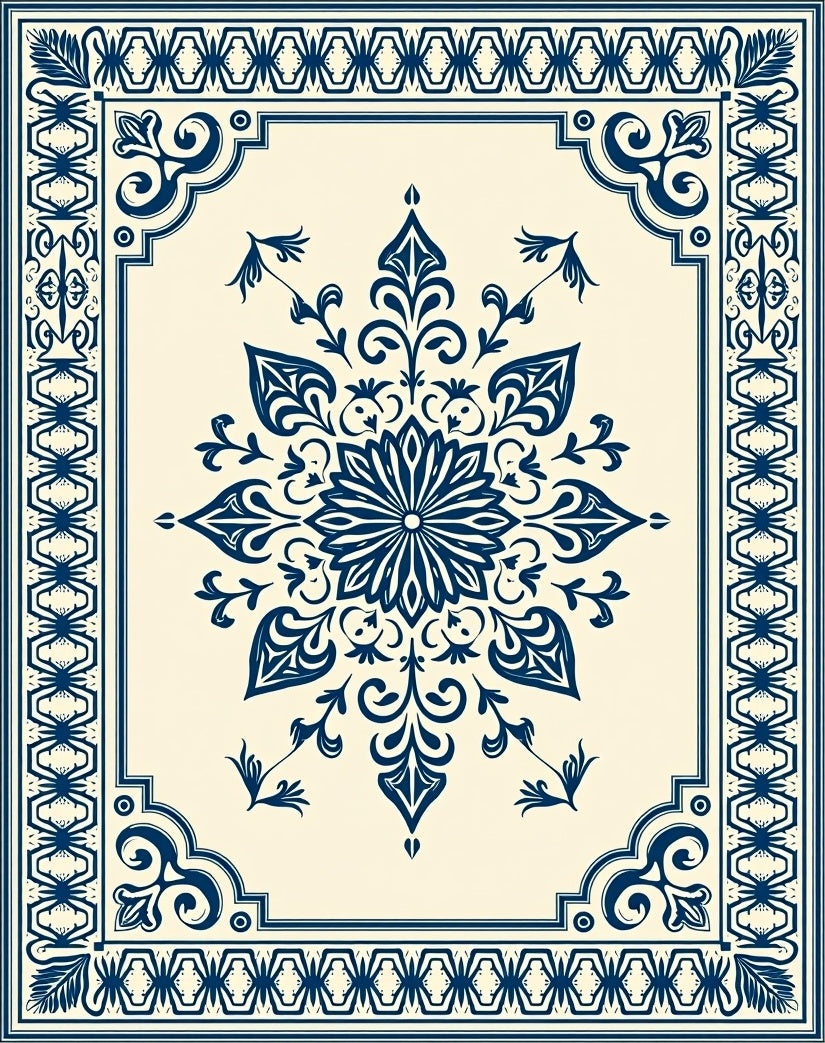Classic Blue Floral Mandala Border Rug