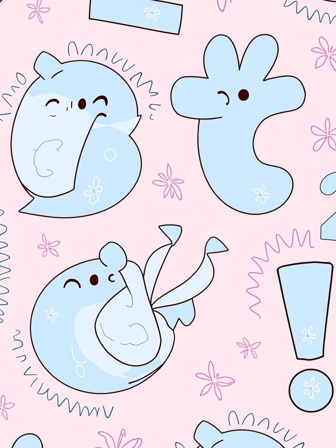 Pastel Blue Cartoon Creatures Pink Floral Rug