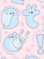 Pastel Blue Cartoon Creatures Pink Floral Rug