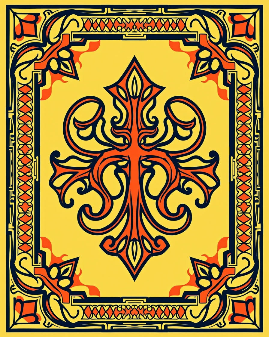 Orange And Navy Symmetrical Frame Rug