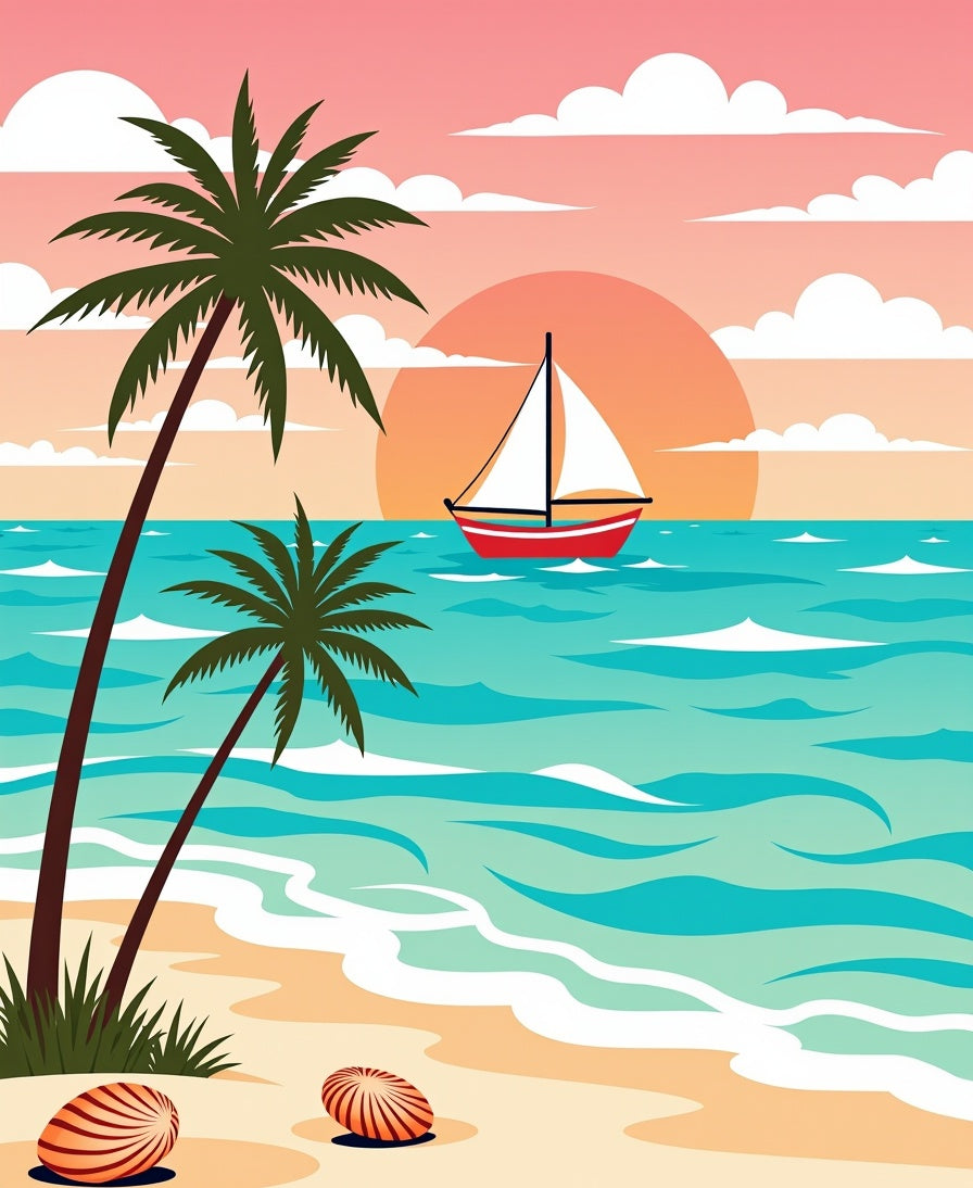 Coastal Sunset Sailboat Palm Trees Rug