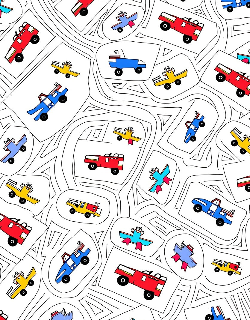 Red Yellow Blue Toy Vehicle Collage Rug