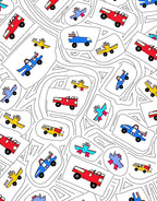 Red Yellow Blue Toy Vehicle Collage Rug