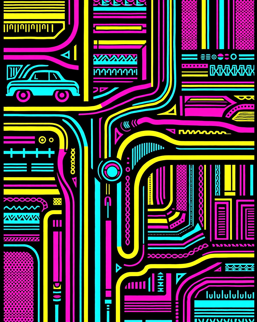 Retro Cyan Pink Yellow Geometric Circuit Rug