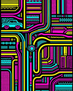 Retro Cyan Pink Yellow Geometric Circuit Rug