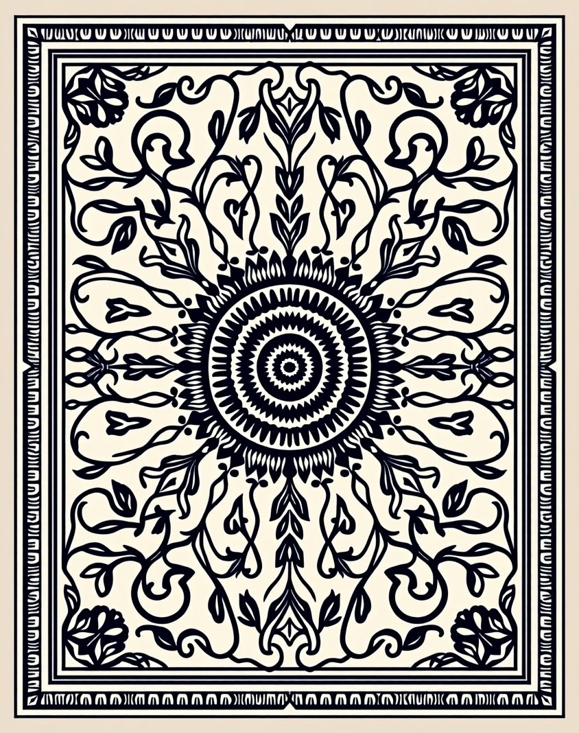 Black and Cream Floral Mandala Rug