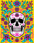 Vibrant Pink Teal Skull Floral Swirls Rug