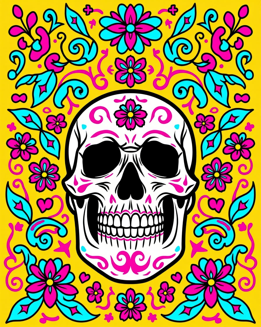 Vibrant Pink Teal Skull Floral Swirls Rug