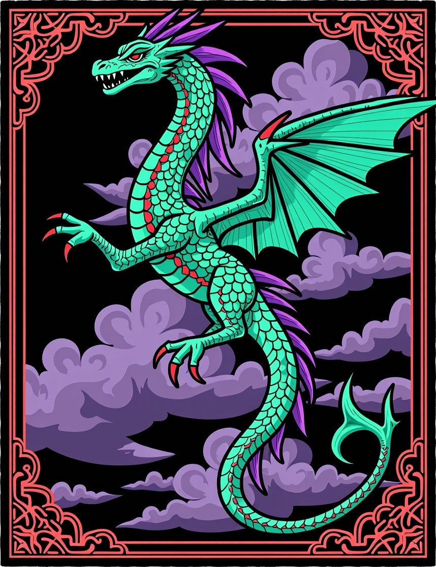 Teal Dragon Purple Clouds Frame Rug