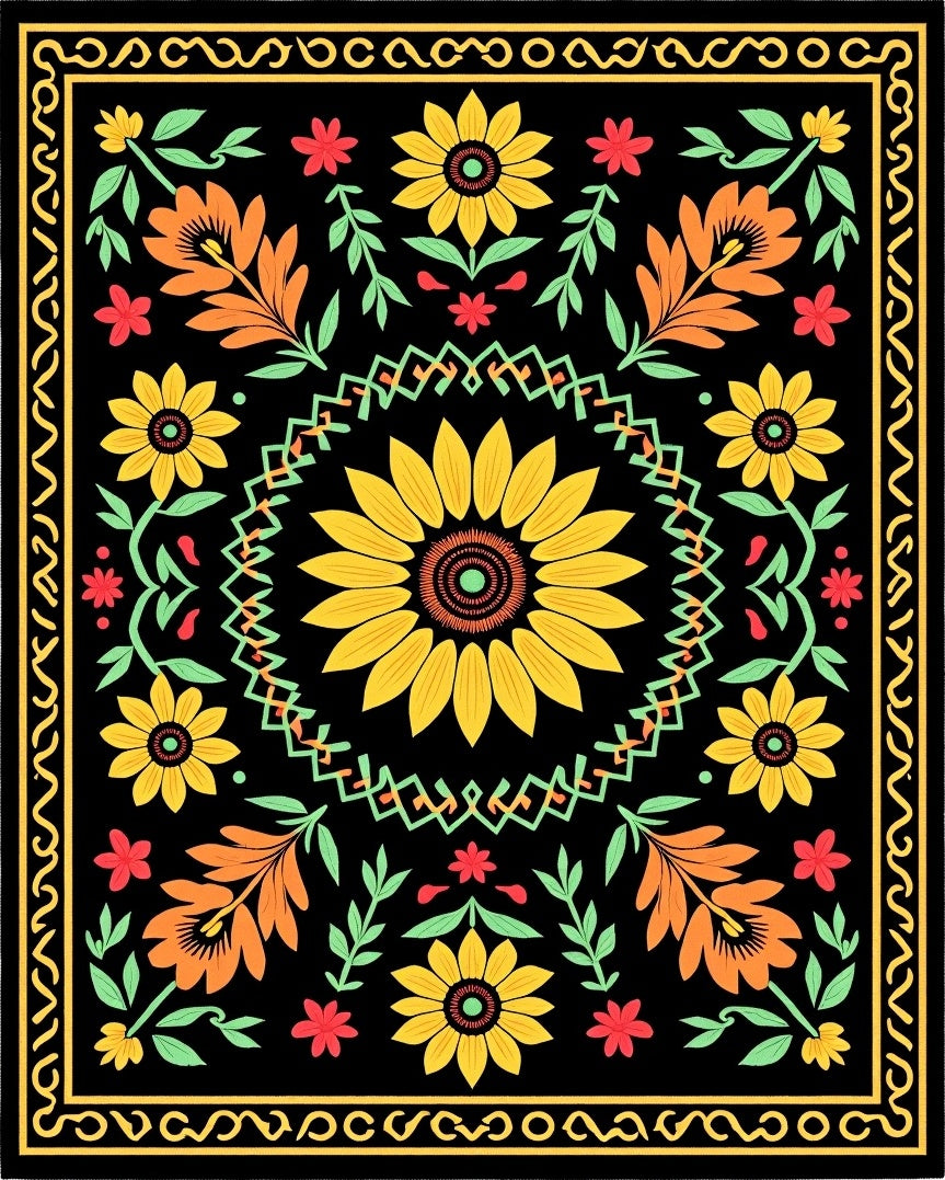 Golden Sunflower Folk Art Rug