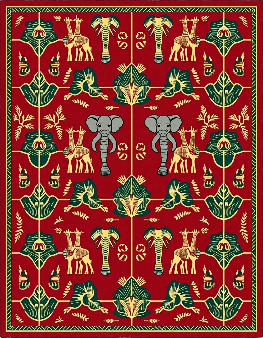 Red African Elephant Giraffe Fauna Rug