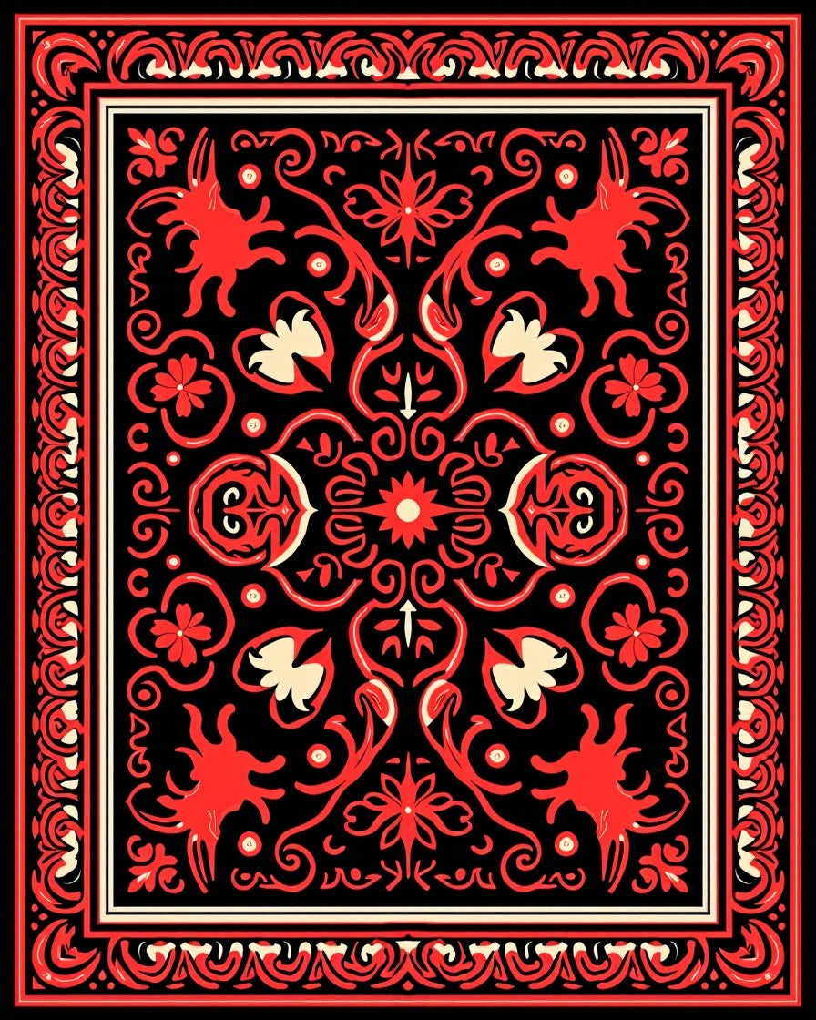 Vibrant Black Crimson Swirl Blossom Rug