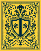 Golden Teal Heraldic Crest Floral Rug