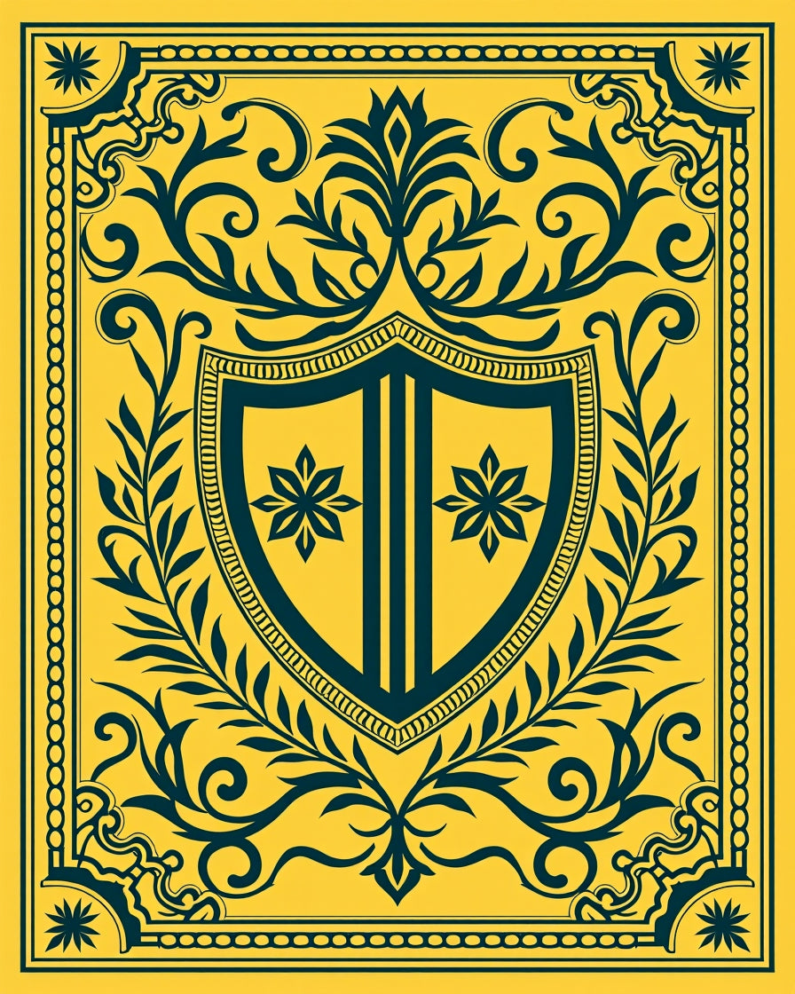 Golden Teal Heraldic Crest Floral Rug