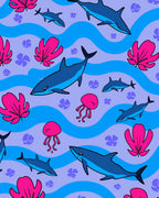 Vibrant Blue Shark Jellyfish Waves Rug