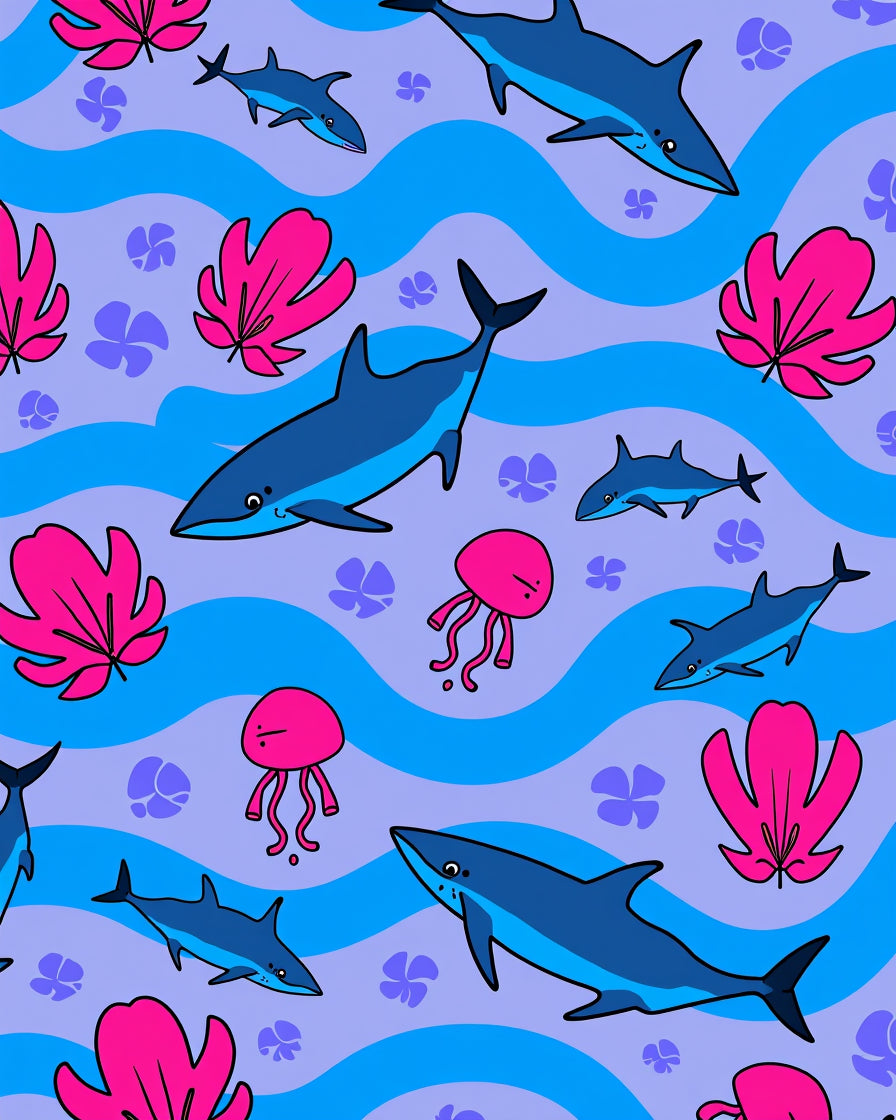 Vibrant Blue Shark Jellyfish Waves Rug