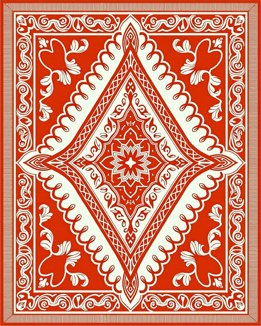 Vibrant Red Scrollwork Medallion Rug