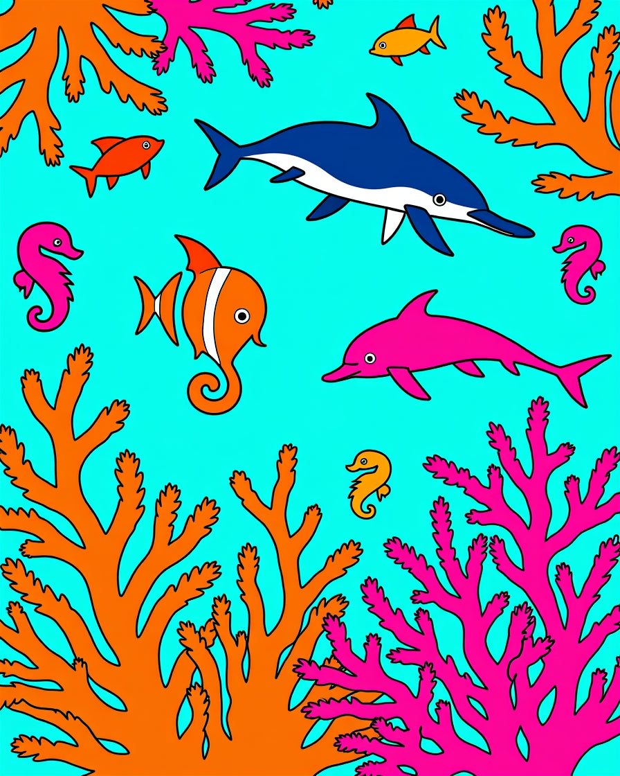 Bright Aqua Coral Seascape Dolphins Seahorses Rug
