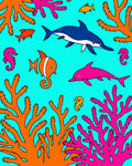 Bright Aqua Coral Seascape Dolphins Seahorses Rug