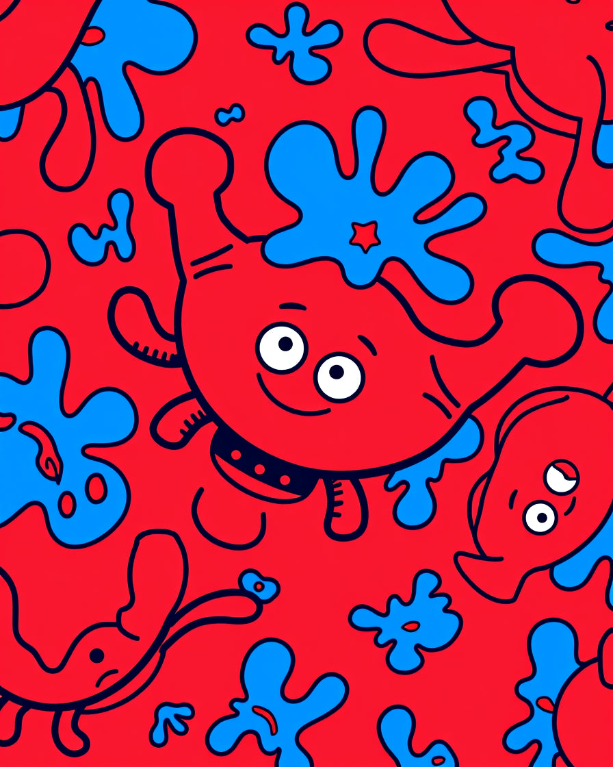 Red Blue Cartoonish Creature Splash Rug