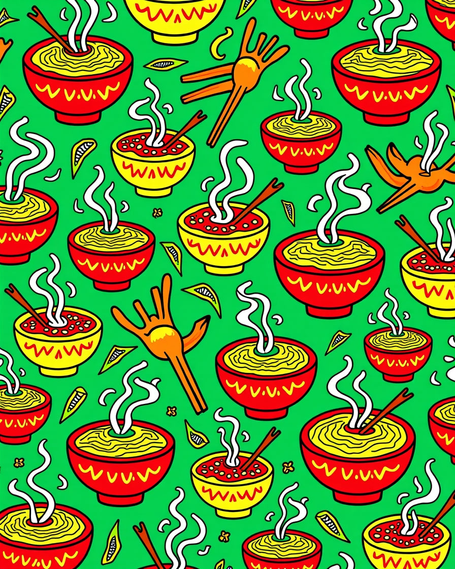 Red Yellow Noodle Graphic Illustration Rug