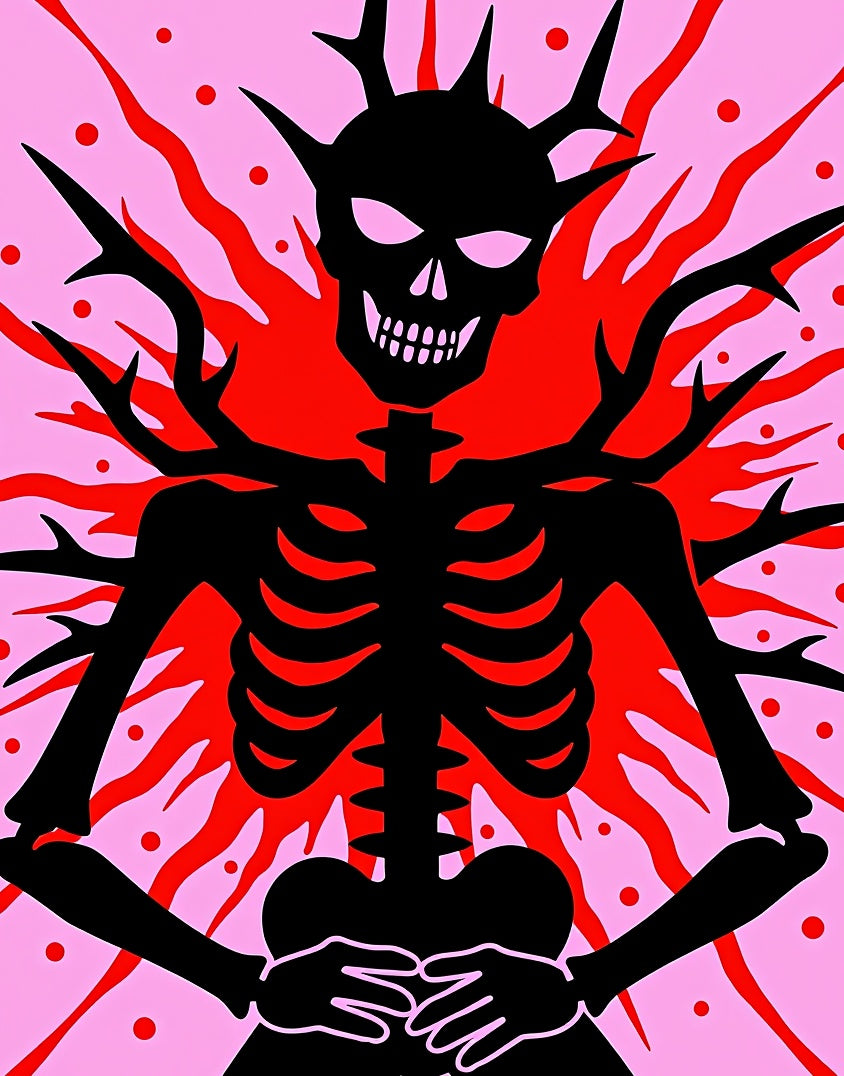 Black Skeleton With Red Fire Motif Rug