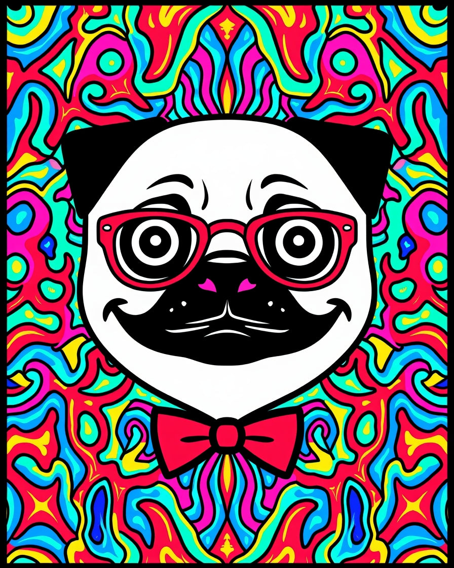 Groovy Pug with Red Glasses Bowtie Rug