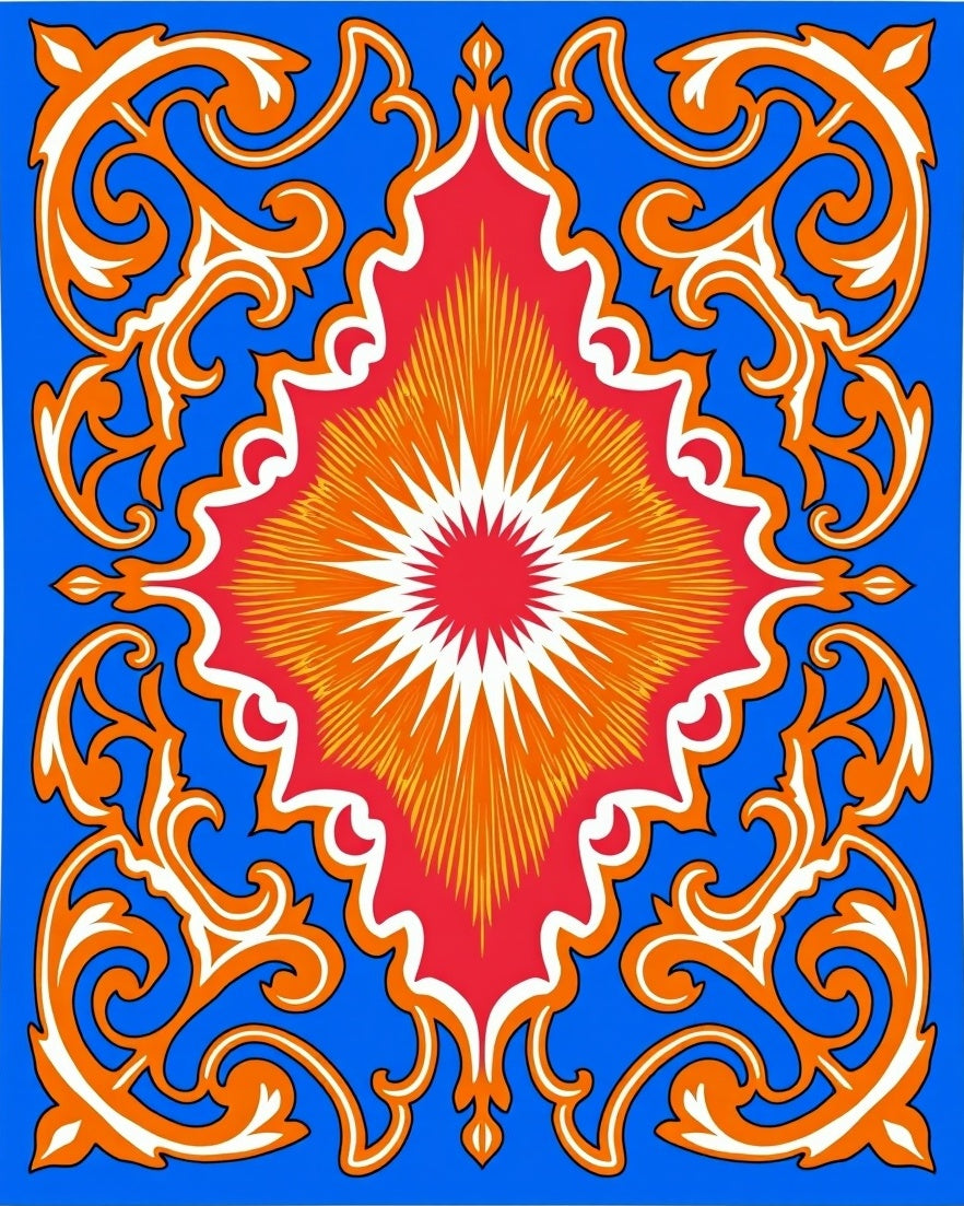 Vibrant Red Sunburst Scrollwork Inlay Rug
