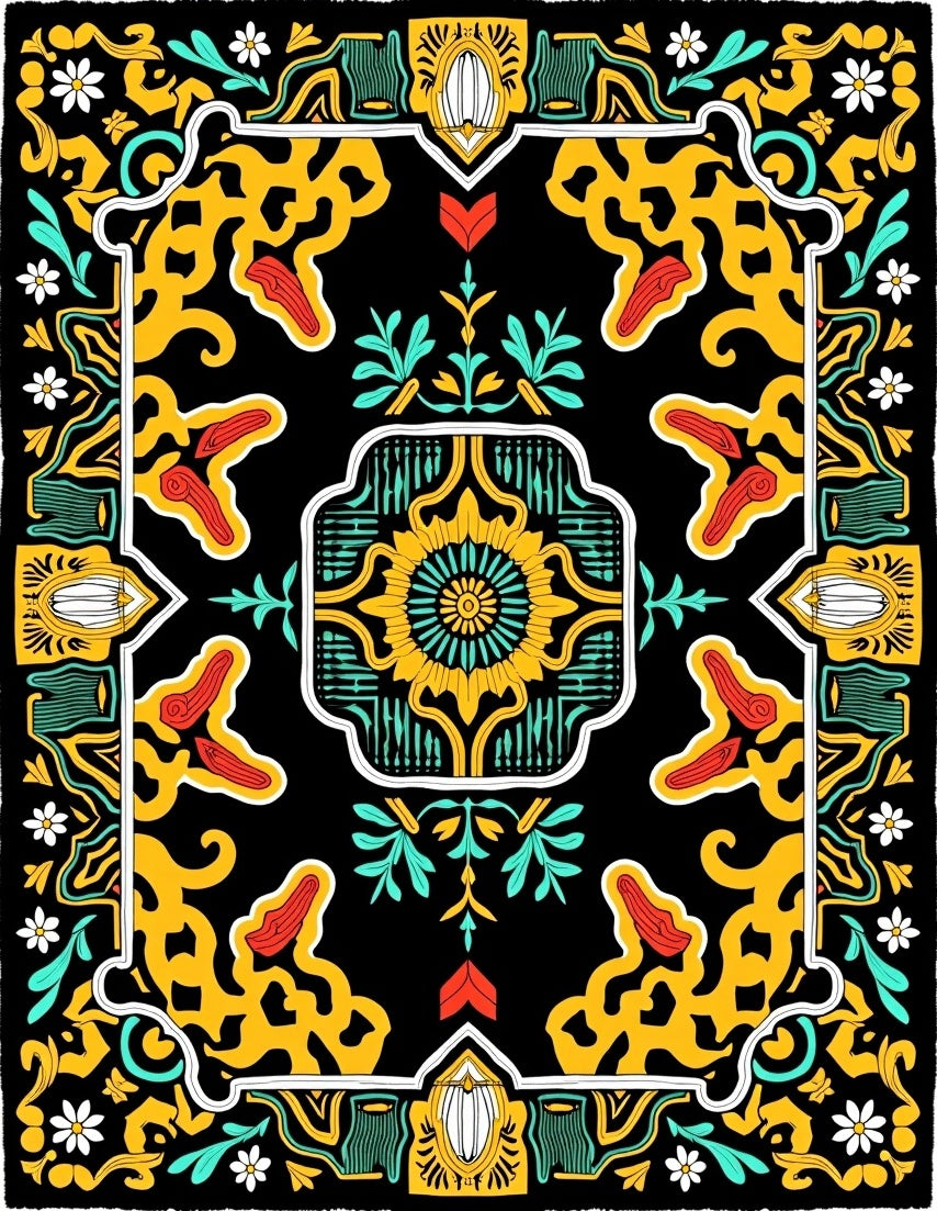 Black Yellow Red Teal Floral Medallion Rug