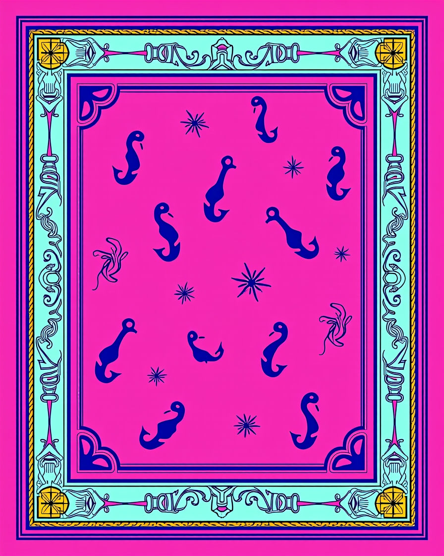 Bright Pink Seahorse Nautical Border Rug