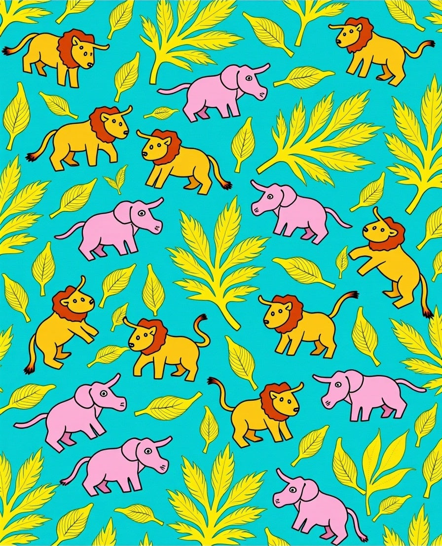 Whimsical Elephants Lions Teal Foliage Rug