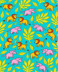 Whimsical Elephants Lions Teal Foliage Rug