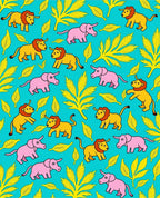 Whimsical Elephants Lions Teal Foliage Rug
