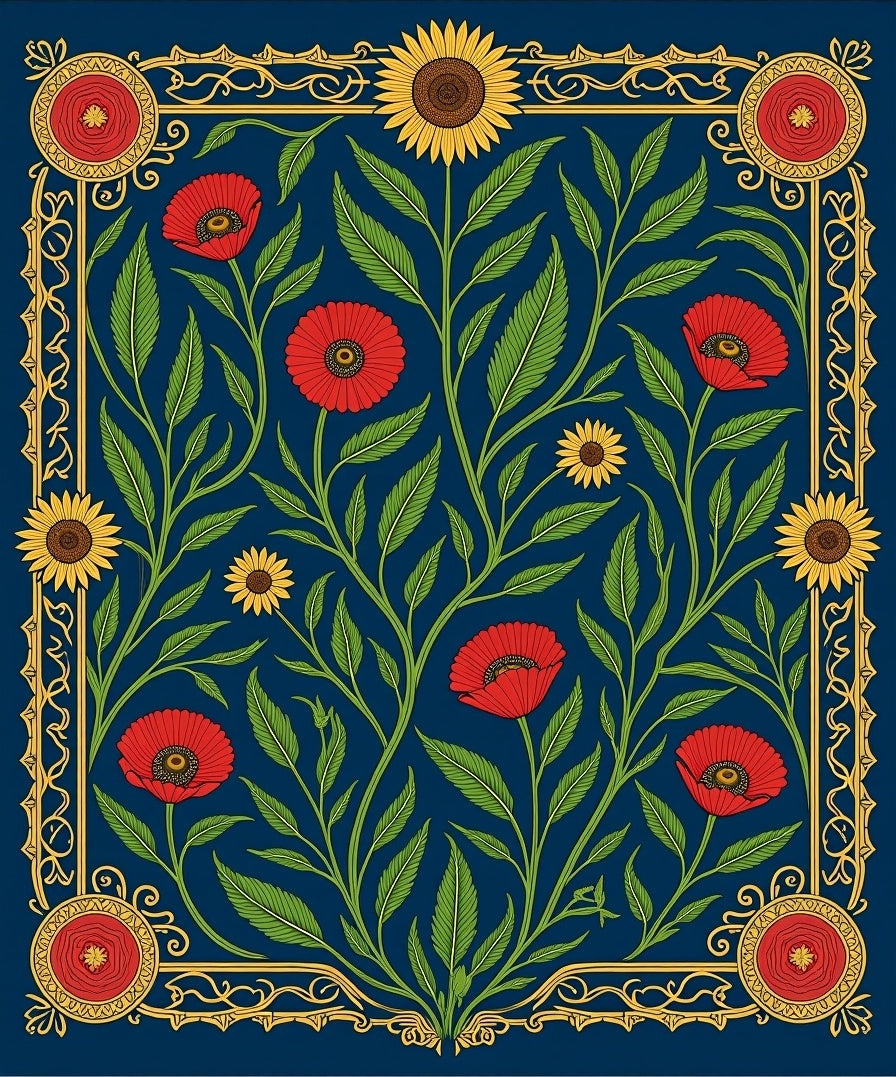 Navy Red Poppy Sunflower Floral Garland Rug