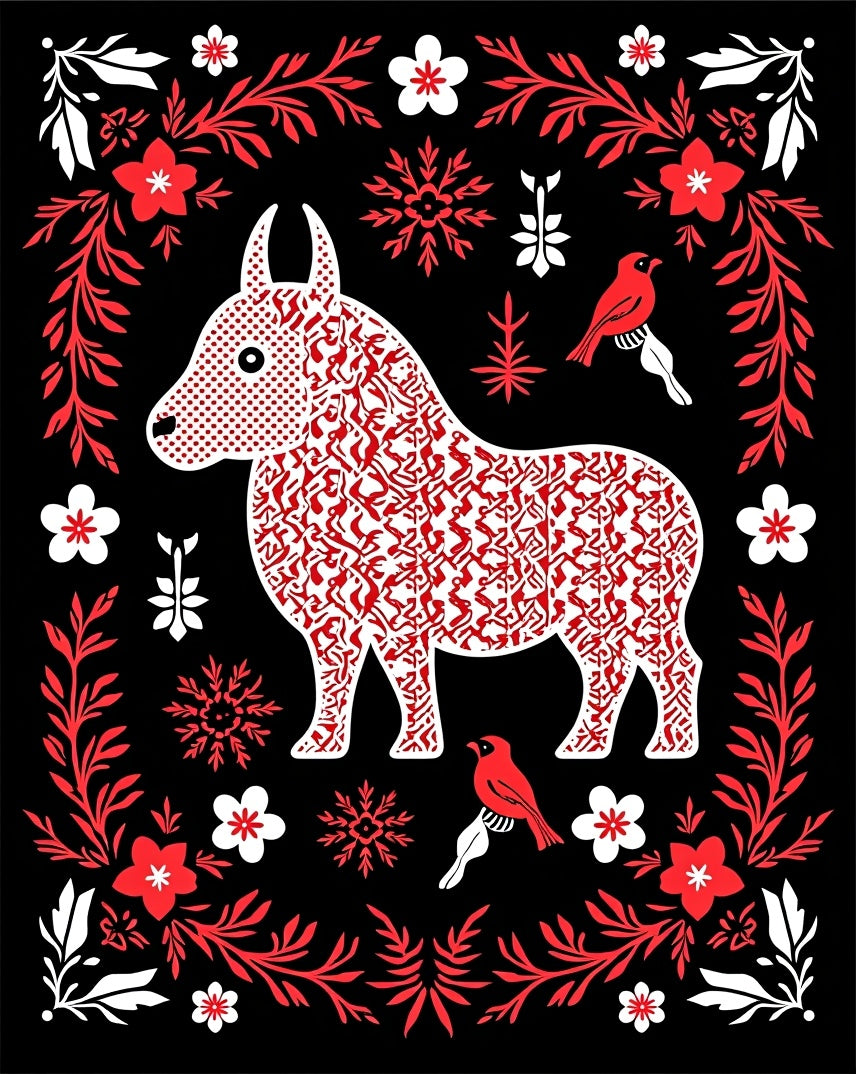 Red White Donkey Floral Border Art Rug