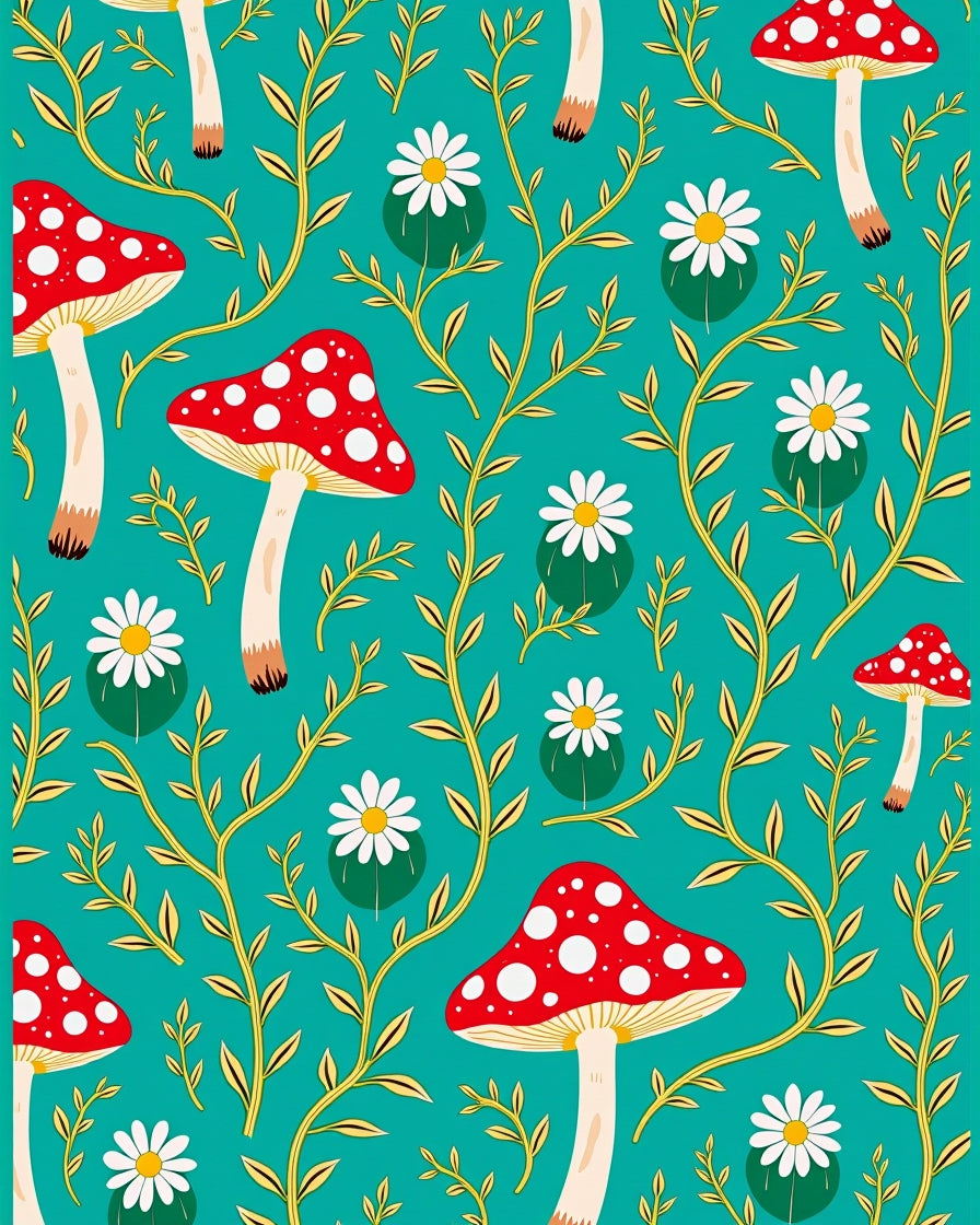 Whimsical Red Mushroom Floral Spray Rug