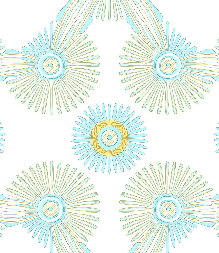 Sky Blue Yellow Sunburst Medallion Rug
