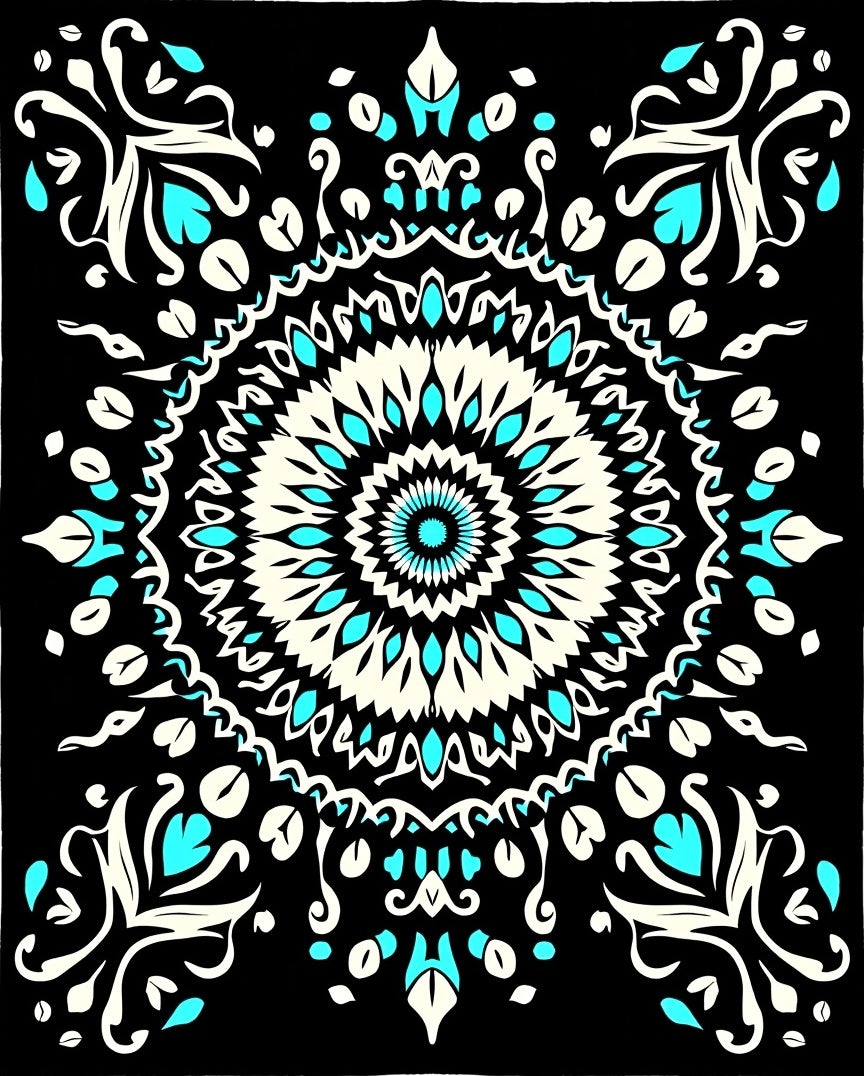 Black Turquoise Cream Mandala Medallion Rug