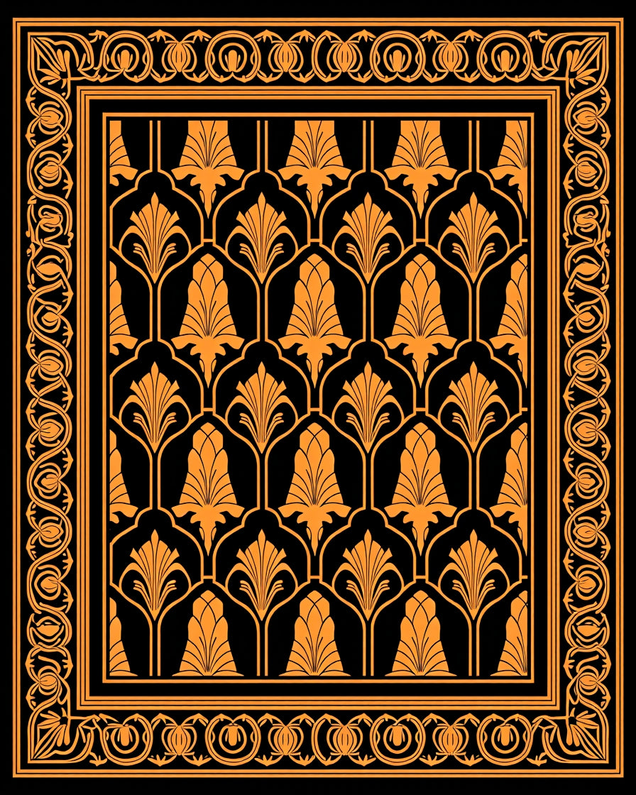 Art Deco Orange Floral Inlay Rug
