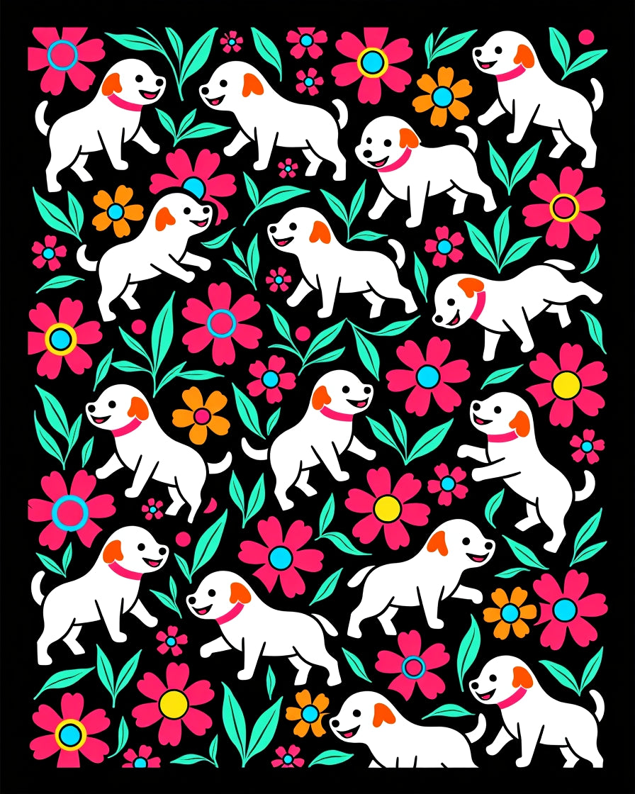 Happy White Dogs Floral Collage Rug