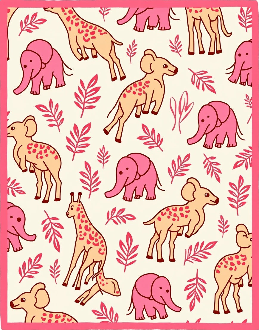 Pink Giraffes Elephants Coral Foliage Rug