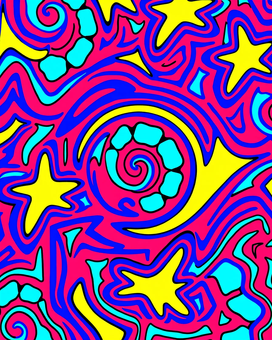 Vibrant Pink Blue Yellow Star Swirl Rug