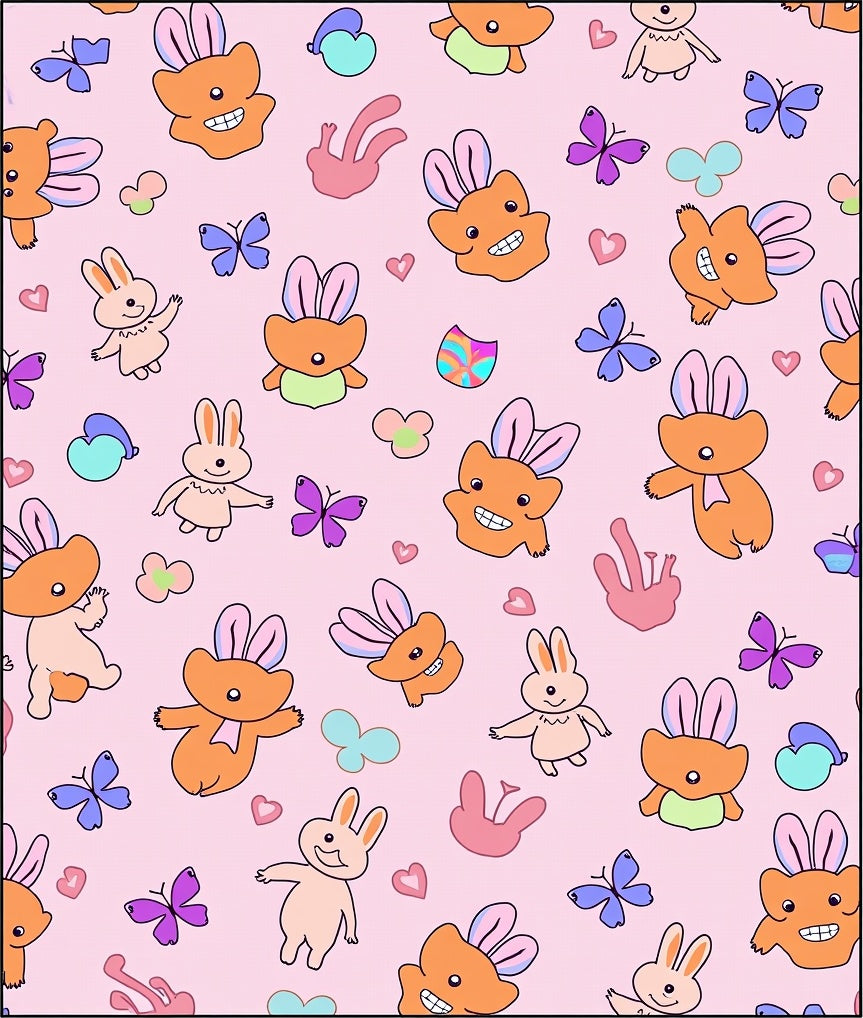 Playful Orange Bunnies Blue Butterflies Pink Hearts Rug