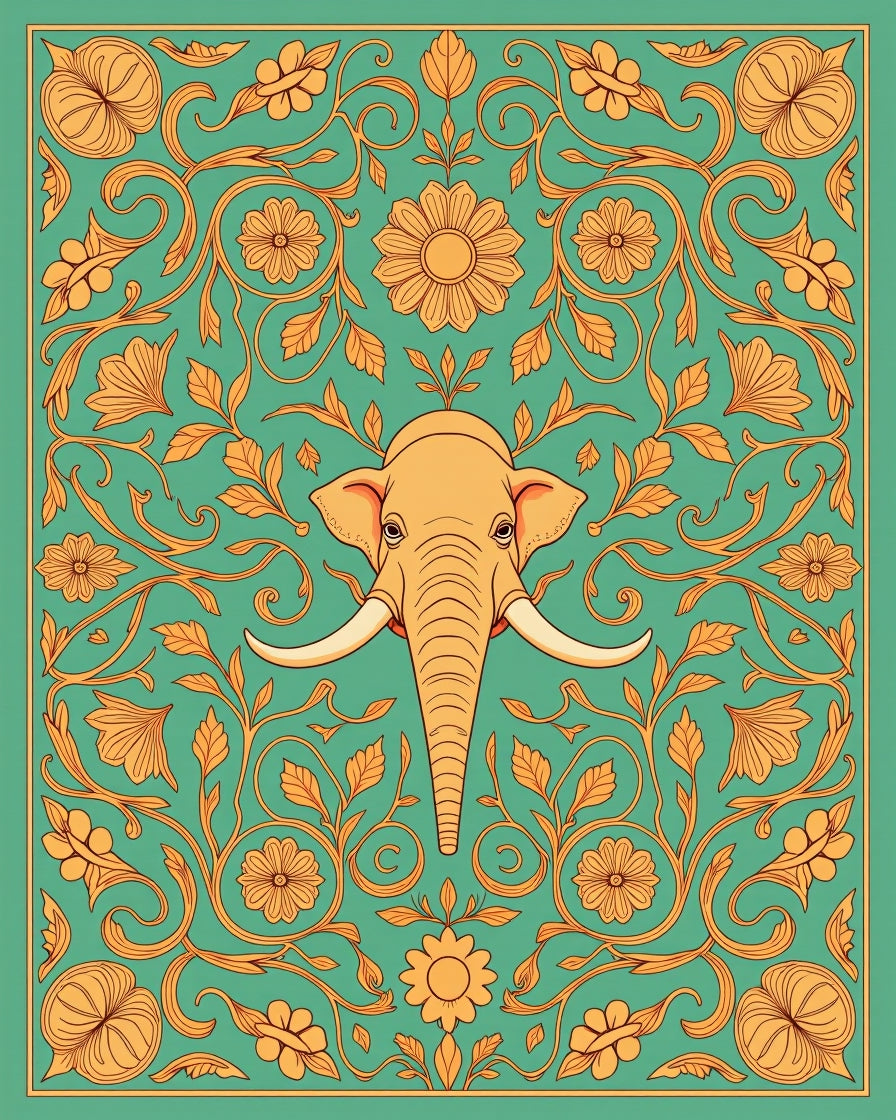 Golden Elephant Floral Medallion Rug