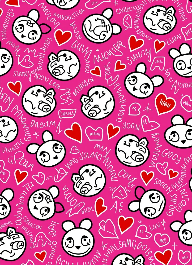 Whimsical Panda Hearts Pink Collage Rug