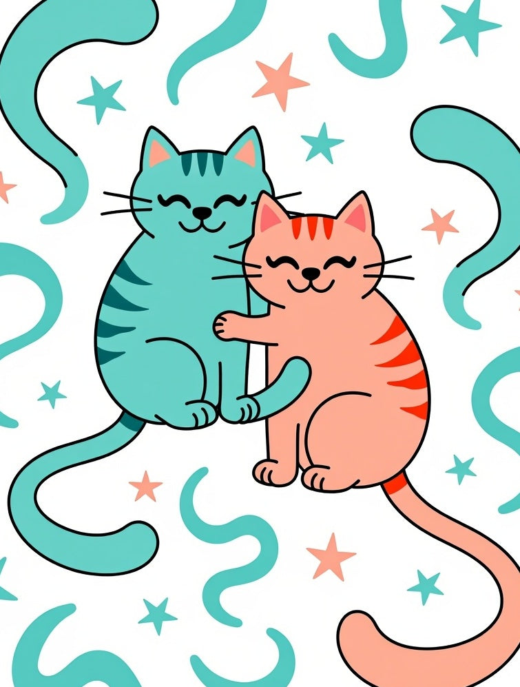 Two Pink Aqua Cats Stars Swirls Rug
