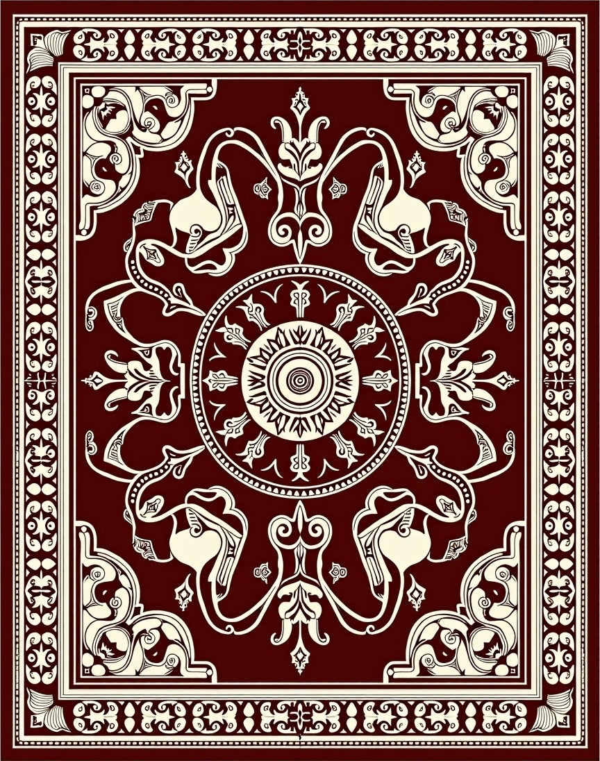 Deep Crimson Floral Sunburst Medallion Rug