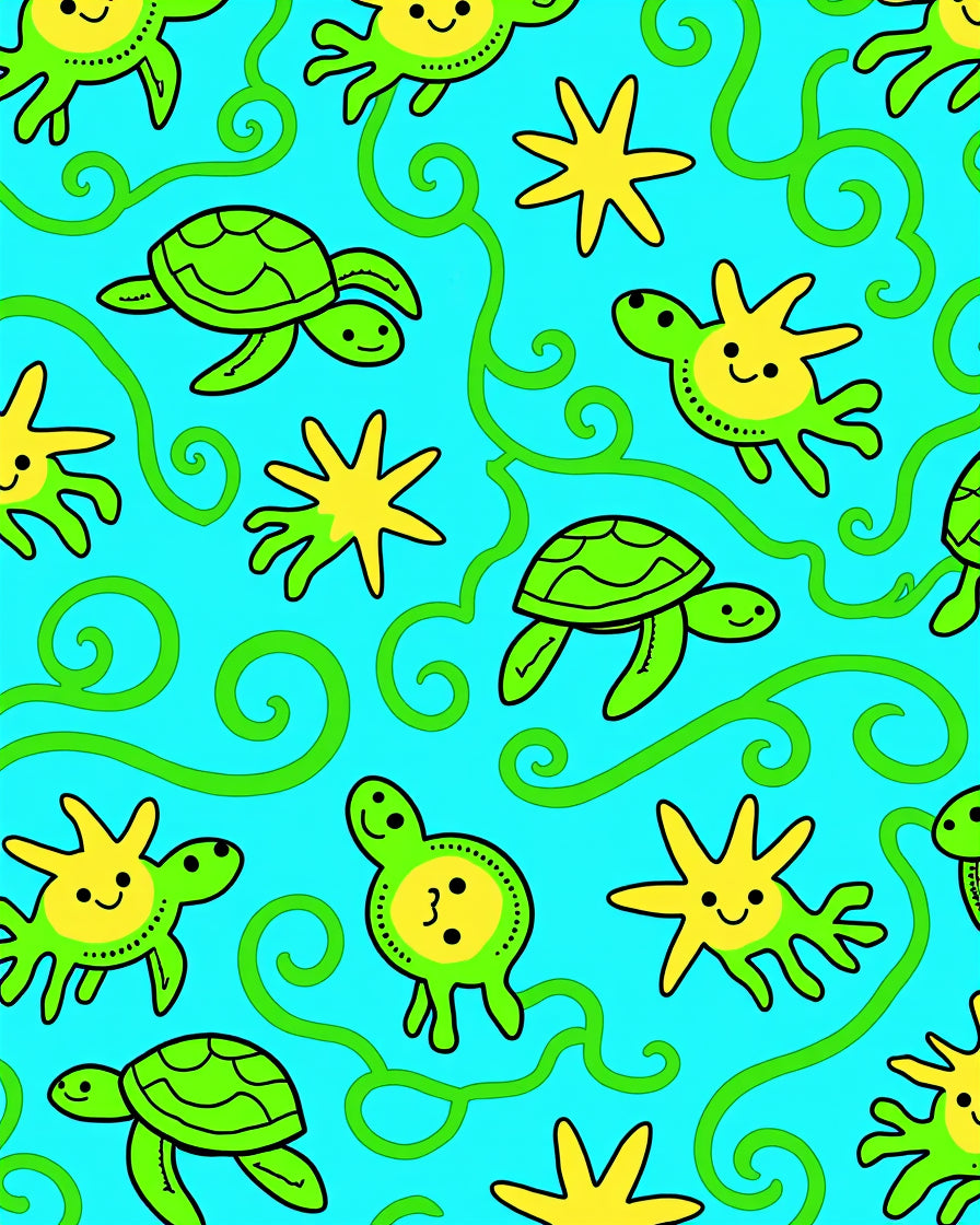 Cute Green Turtles Yellow Starfish Swirls Rug