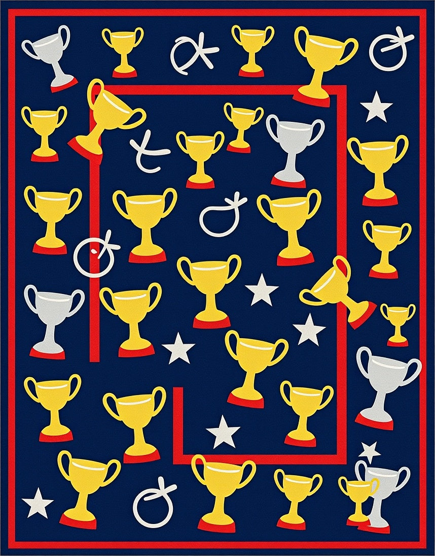 Gold Trophy Red Star Navy Background Rug