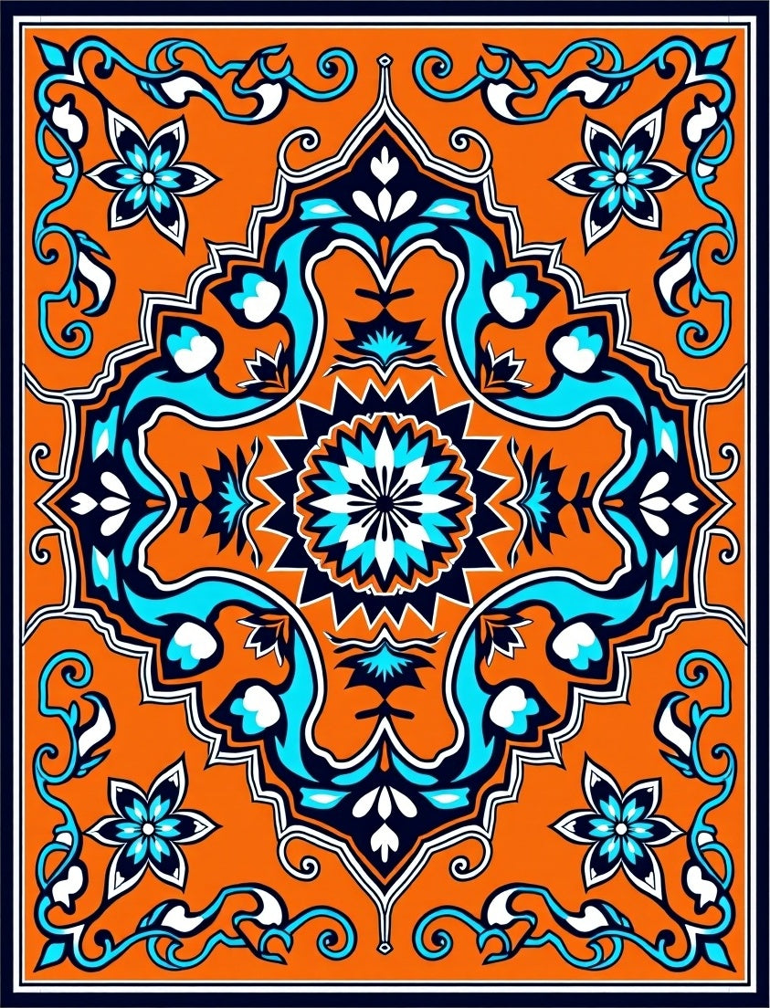 Vibrant Orange Blue White Floral Medallion Rug